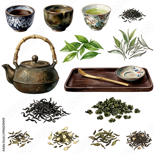 Clipart traditional Japanese tea set with antique clay teapot, kintsugi bowls, green leaves and different types of loose leaf tea, Asian tea ceremony, vector in watercolor style, isolated icons