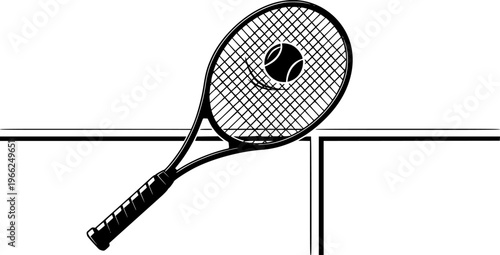 Tennis racket icon vector. Racket with ball on court. Tennis accessory. Silhouette racquet for sport. Vector illustration.
