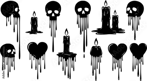 Collection of dripping liquid silhouettes: skulls, candles, and heart shapes
