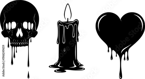 Collection of dripping liquid silhouettes: skulls, candles, and heart shapes
