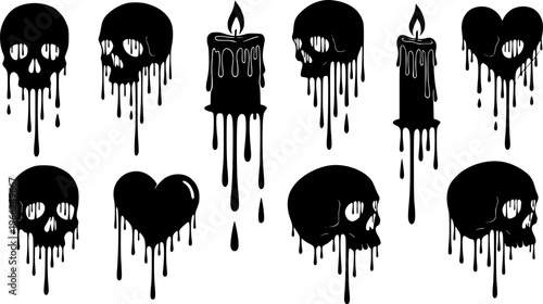 Collection of dripping liquid silhouettes: skulls, candles, and heart shapes
