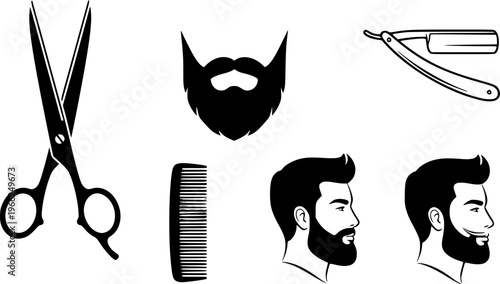 Barber icon set: scissors, beard, razor, comb, male profiles
