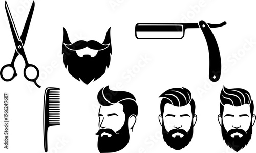 Barber icon set: scissors, beard, razor, comb, male profiles
