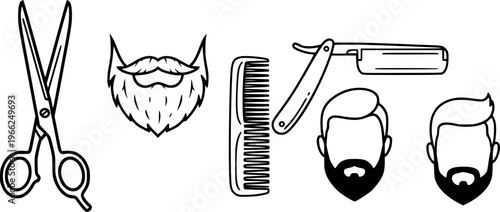 Barber icon set: scissors, beard, razor, comb, male profiles
