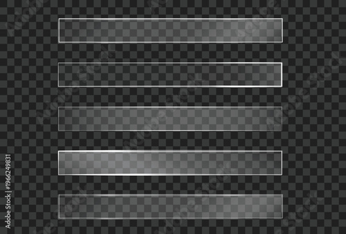 Set of transparent glass on sample background. Glass morphism ui it with transparent glass buttons and frames, 3d glossy square round elements on checkered background, modern vector Interface design