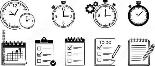Minimalist icons for planning and scheduling with clocks and checklists
