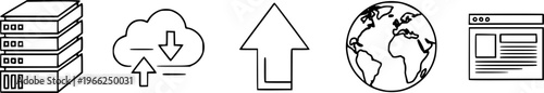 Set of six black line icons: storage, cloud transfer, up arrow, globe, and website
