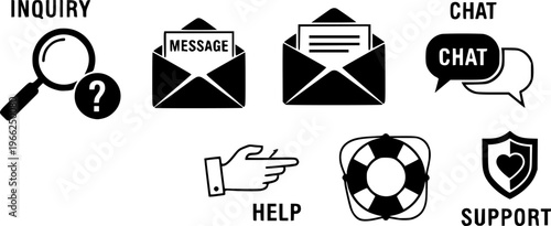 Customer communication icons featuring inquiry, message, chat, help, and support
