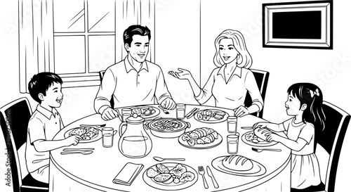 Happy family dinner with parents and children enjoying a meal together
