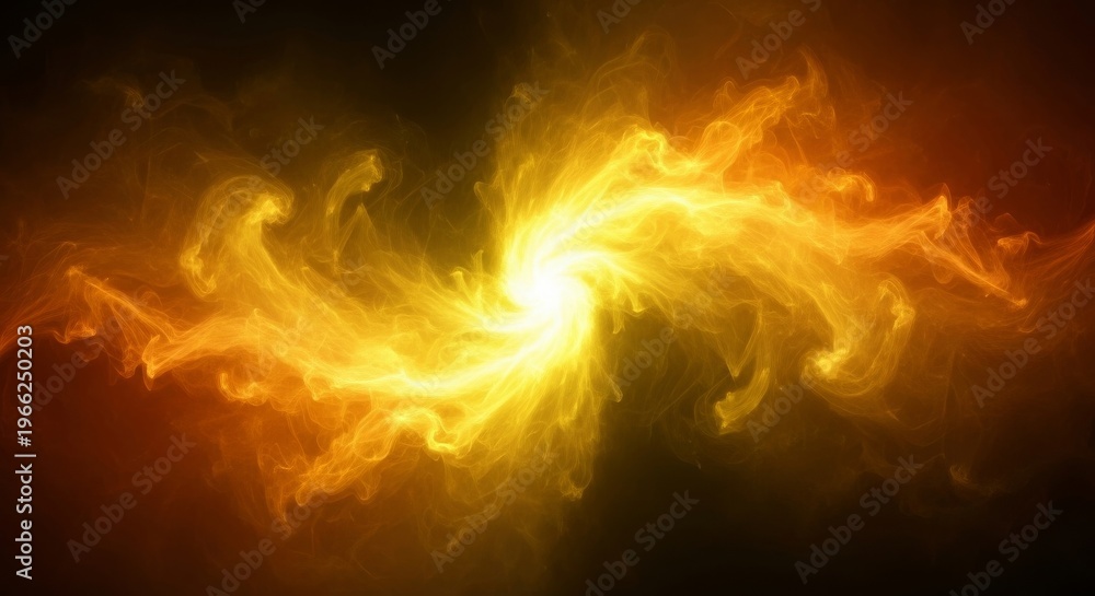 Fototapeta premium A mesmerizing display of golden vapor and fiery yellow mist swirls in a radiant flow, creating an abstract and glowing ethereal background, artistic, steam, luminous