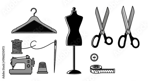 Vector illustration of set of sewing and tailoring tools on transparence background