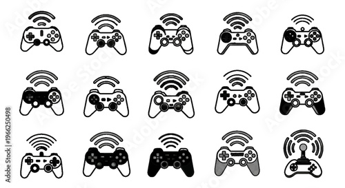 Vector illustration of set of wireless game controller icons, gaming joystick vector symbols on transparence background