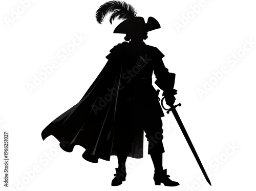 Принти на полотні Isolated silhouette of a historical musketeer in cape and feathered hat holding a sword