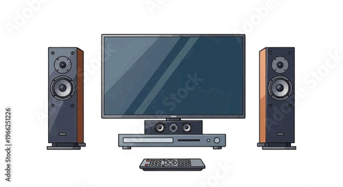 Vector illustration of home theater system with television, speakers, media player and remote on transparence background