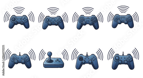 Vector illustration of set of various game controllers and joysticks with wireless signal icons on transparence background