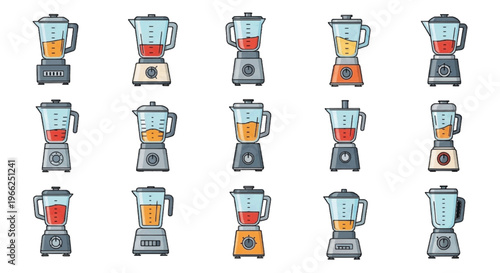 Vector illustration of set of various blenders with different colored smoothies transparence background