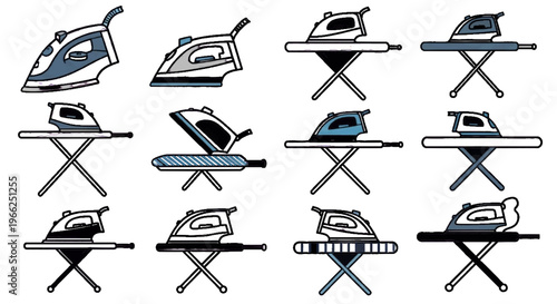 Vector illustration of set of various clothes irons and ironing boards on transparence background