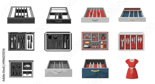 Vector illustration of set of various drawer organizers for kitchen utensils and tools on transparence background