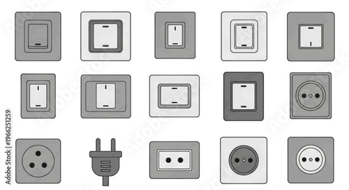 Vector illustration of set of various electrical wall switches and power sockets on transparence background