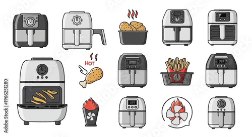 Vector illustration of set of air fryers and cooking food icons on transparence background