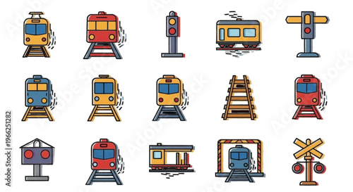 Vector illustration of set of train and railway icons, vector illustration on transparence background