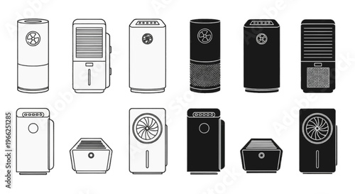Vector illustration of set of portable air coolers and air purifiers icons on transparence background
