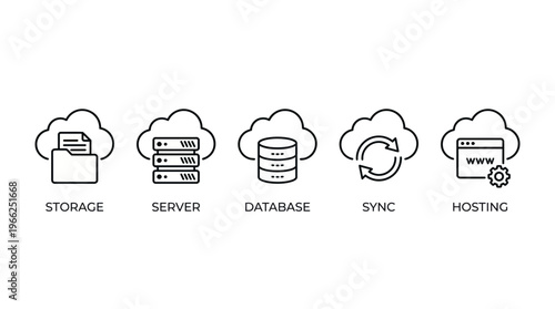 Collection of Outline Icons for Cloud Computing and Data Management Storage, Server, Database, Synchronization, and Hosting Concepts