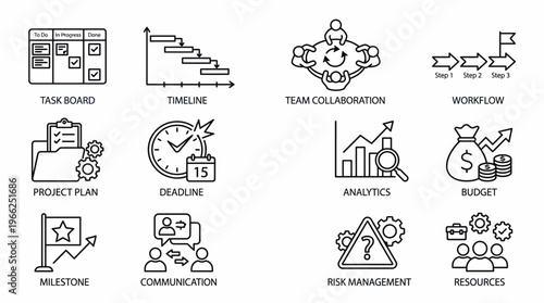 Project management icons including task board, timeline, and analytics