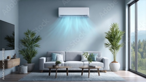 Modern living room with air conditioner cooling the space and plants