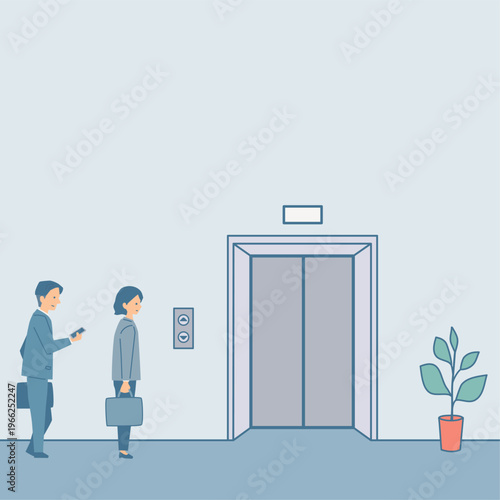 エレベーターを待つ会社員のイラスト