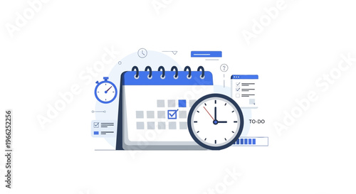 A visual representation of time management and scheduling with a calendar, clock, and stopwatch.