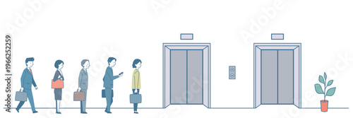 エレベーター待ちの行列のイラスト