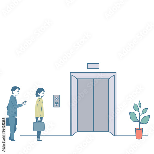 エレベーターを待つ会社員のイラスト