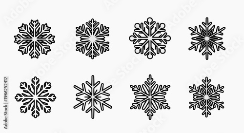 Elegant collection of snowflakes, winter and cold season vibes. Each snowflake boasts a unique, intricate design, evoking a sense of wintery beauty. The images evoke a feeling of cold, quiet winter