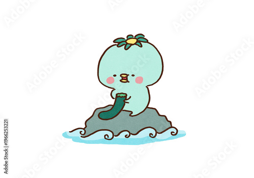 Fotografie Cute Japanese kappa yokai sitting on a rock and eating a cucumber