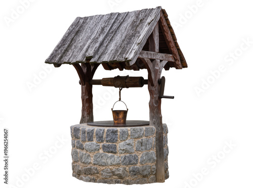 Fotografía Isolated old rustic well with a stone base, weathered wooden roof, and metal buc