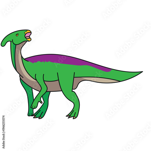 Flat vector illustration of an orange Parasaurolophus with its iconic crest. Modern character design for prehistoric wildlife, children's books, and nature graphic projects