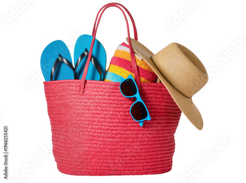 Bild auf Leinwand Isolated red wicker beach bag with summer vacation accessories like flip-flops and a hat