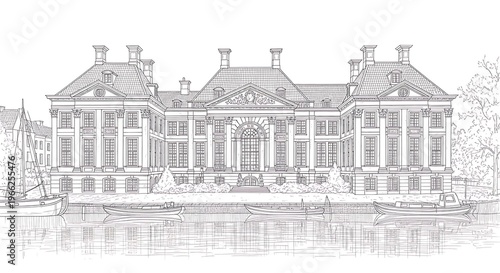 Baroque Palace Facade Drawing by Canal with Boats.