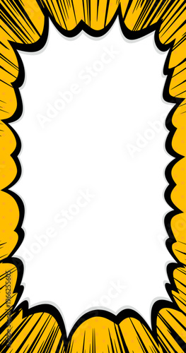 黒い集中線と強調して告知する叫ぶふきだし。黄色い水玉背景のスマホ用縦型ベクター素材