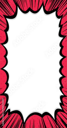 黒い集中線と強調して告知する叫ぶふきだし。赤い水玉背景のスマホ用縦型ベクター素材