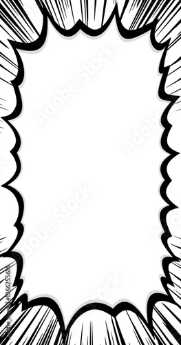 黒い集中線と強調して告知する叫ぶふきだし。白背景のスマホ用縦型ベクター素材