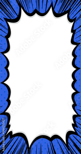 黒い集中線と強調して告知する叫ぶふきだし。青い水玉背景のスマホ用縦型ベクター素材