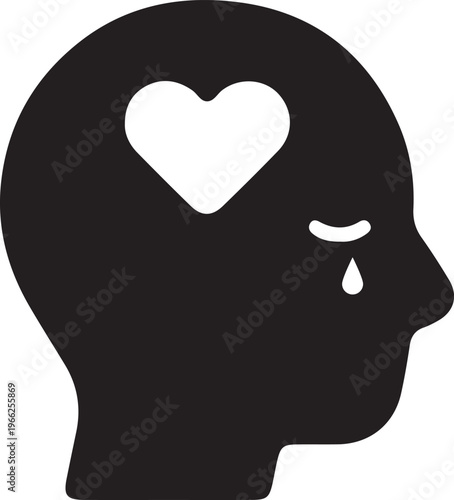 Human head silhouette with a heart and a tear