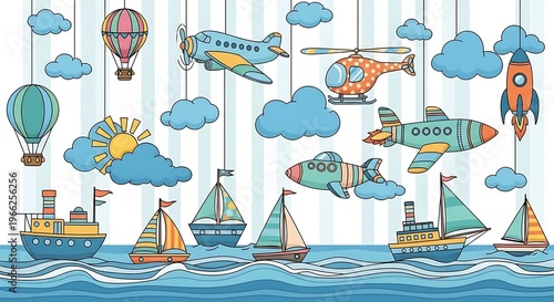 Cute Transportation for Kids Planes Boats Hot Air Balloons and Clouds.
