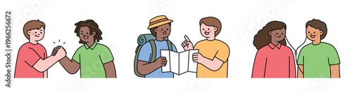 A collection of situations where people of different skin colors and races are together. Cute character with a round face. Upper body illustration.