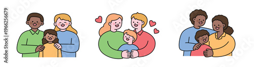 A collection of families with diverse skin colors. Cute character with a round face. Upper body illustration.