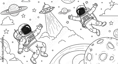 Astronauts Floating in Space with UFO and Planets.