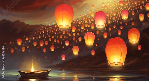 Sky Lantern Festival at Dusk with Floating Boat on Water.