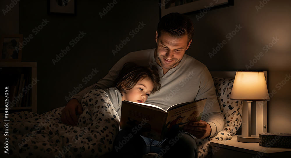 Fototapeta premium Father and child reading bedtime story by soft lamp light in cozy bedroom